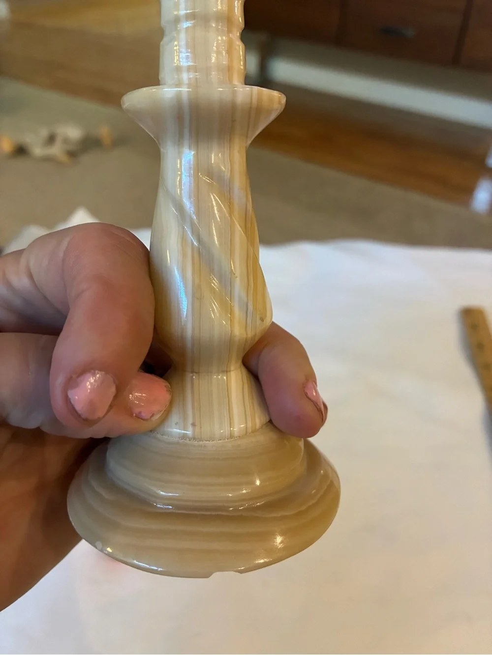 Hand-Carved Beige Striped Onyx Candlestick Holder